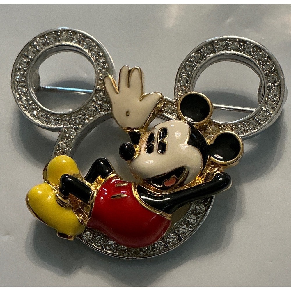 Disney Van Dell Mickey Mouse Brooch Pin Enamel Rhinestone Silver Gold Tone Vtg